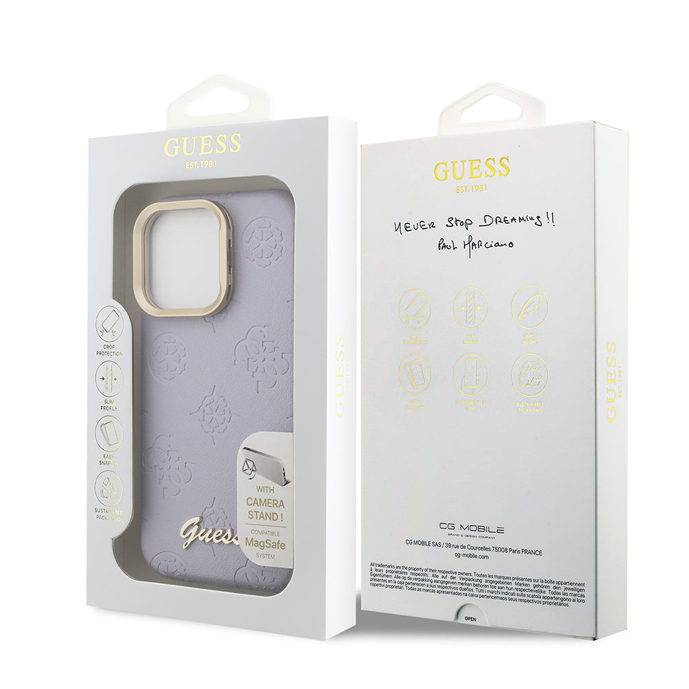 Apple iPhone 16 Pro Max Kılıf Guess Orjinal Lisanslı M-safe Şarj Özellikli Sıcak Baskılı Yazı Logolu Kamera Standlı PU Deri Peony Kapak Pembe