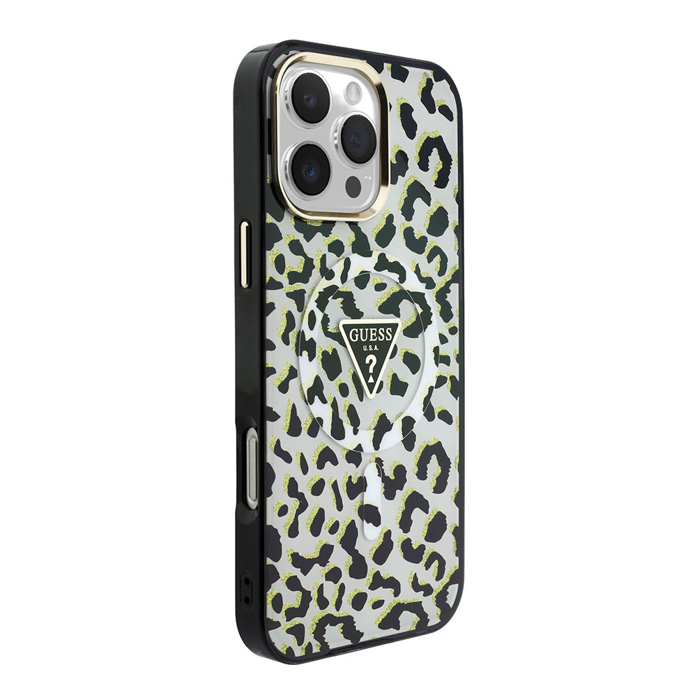 Apple iPhone 16 Pro Max Kılıf Guess Orjinal Lisanslı M-safe Şarj Özellikli Üçgen Logolu Simli Leopar Desenli Kapak Siyah