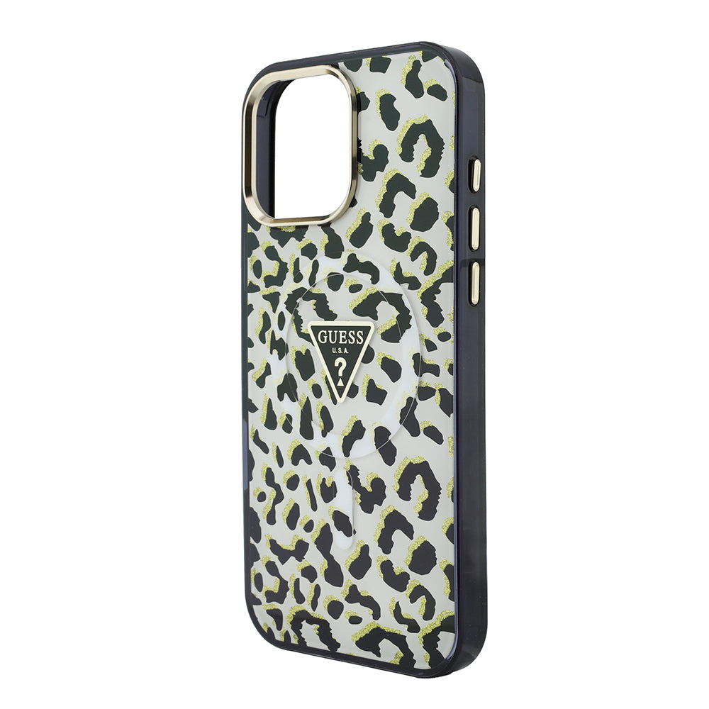 Apple iPhone 16 Pro Max Kılıf Guess Orjinal Lisanslı M-safe Şarj Özellikli Üçgen Logolu Simli Leopar Desenli Kapak Siyah