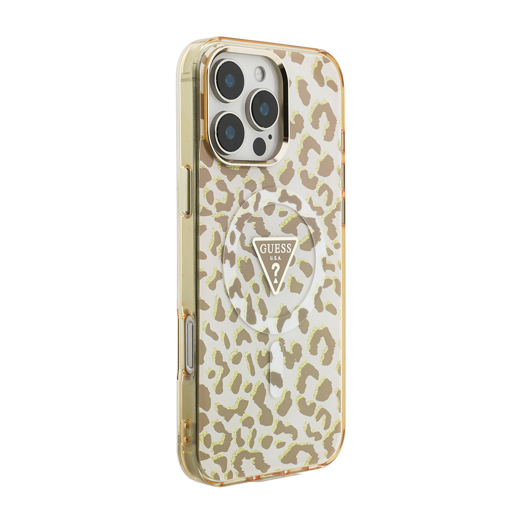 Apple iPhone 16 Pro Max Kılıf Guess Orjinal Lisanslı M-safe Şarj Özellikli Üçgen Logolu Simli Leopar Desenli Kapak Kahverengi