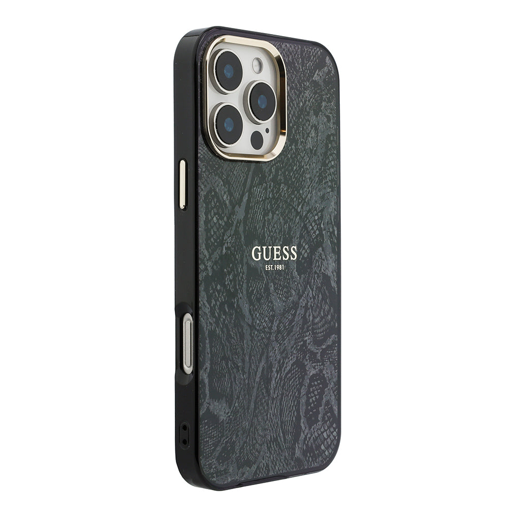 Apple iPhone 16 Pro Max Kılıf Guess Orjinal Lisanslı M-safe Şarj Özellikli Yazı Logolu Python Desenli Kapak Siyah