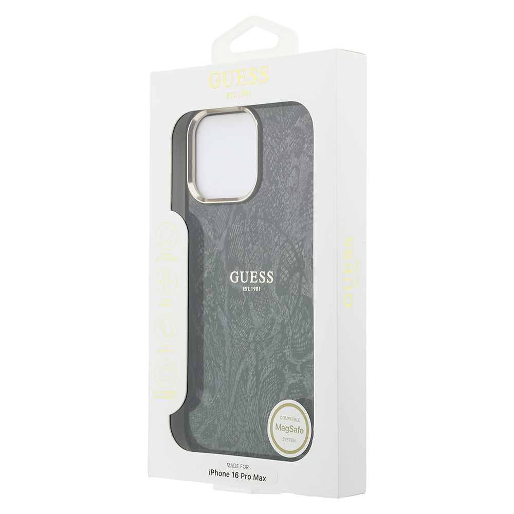 Apple iPhone 16 Pro Max Kılıf Guess Orjinal Lisanslı M-safe Şarj Özellikli Yazı Logolu Python Desenli Kapak Siyah