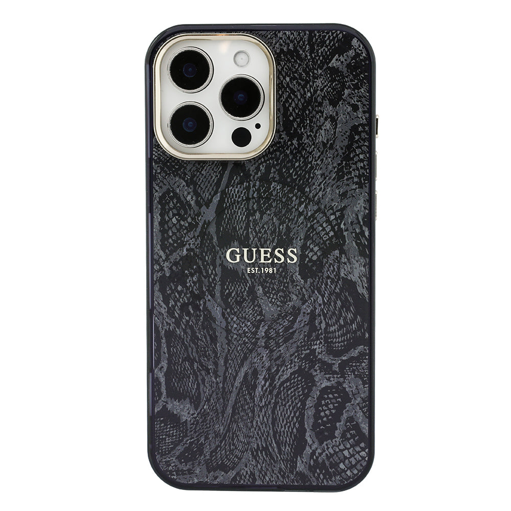 Apple iPhone 16 Pro Max Kılıf Guess Orjinal Lisanslı M-safe Şarj Özellikli Yazı Logolu Python Desenli Kapak Siyah