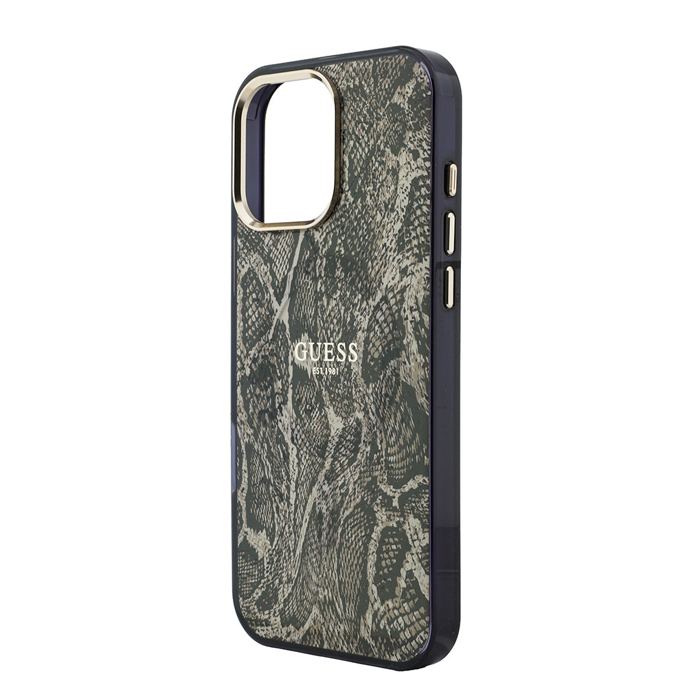 Apple iPhone 16 Pro Max Kılıf Guess Orjinal Lisanslı M-safe Şarj Özellikli Yazı Logolu Python Desenli Kapak Kahverengi