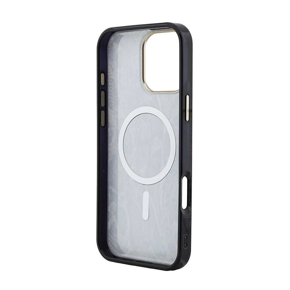 Apple iPhone 16 Pro Max Kılıf Guess Orjinal Lisanslı M-safe Şarj Özellikli Yazı Logolu Python Desenli Kapak Kahverengi