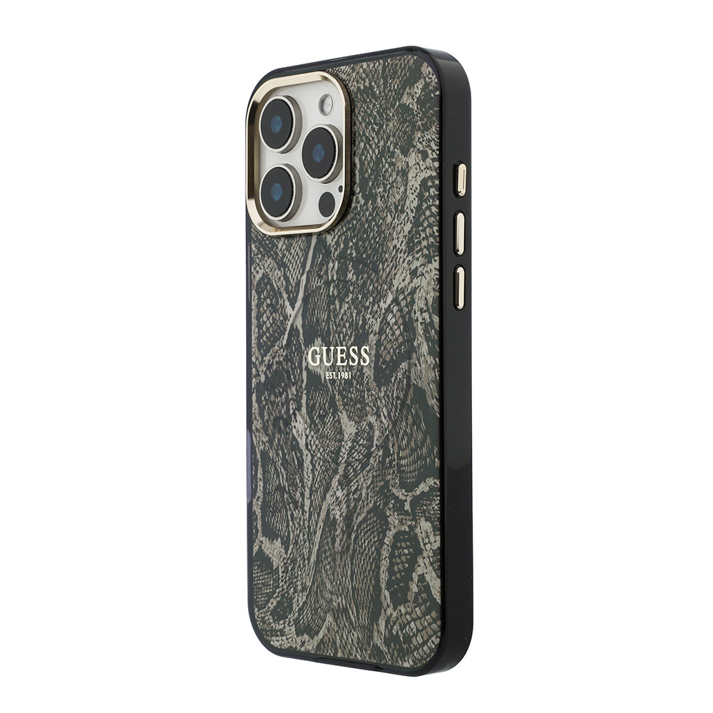 Apple iPhone 16 Pro Max Kılıf Guess Orjinal Lisanslı M-safe Şarj Özellikli Yazı Logolu Python Desenli Kapak Kahverengi