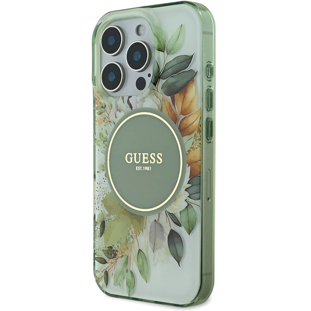 Apple iPhone 16 Pro Max Kılıf Guess Orjinal Lisanslı Magsafe Şarj Özellikli Flower Tonal Circle Kapak Yeşil