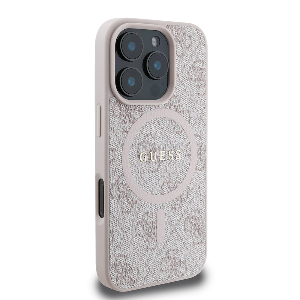Apple iPhone 16 Pro Max Kılıf Guess Orjinal Lisanslı Magsafe Şarj Özellikli PU Halkalı 4G Desenli Yazı Logolu Kapak Kahverengi