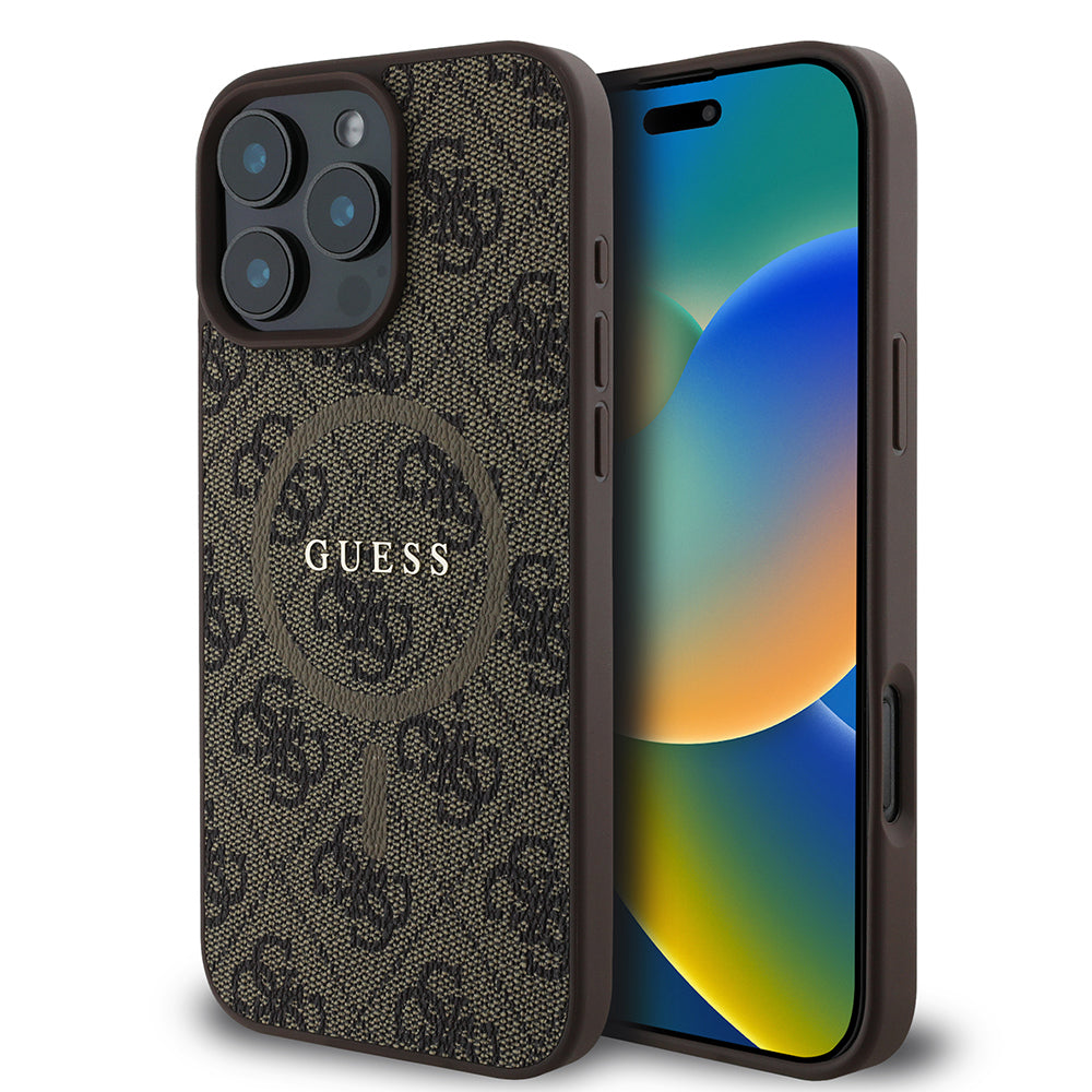 Apple iPhone 16 Pro Max Kılıf Guess Orjinal Lisanslı Magsafe Şarj Özellikli PU Halkalı 4G Desenli Yazı Logolu Kapak Kahverengi