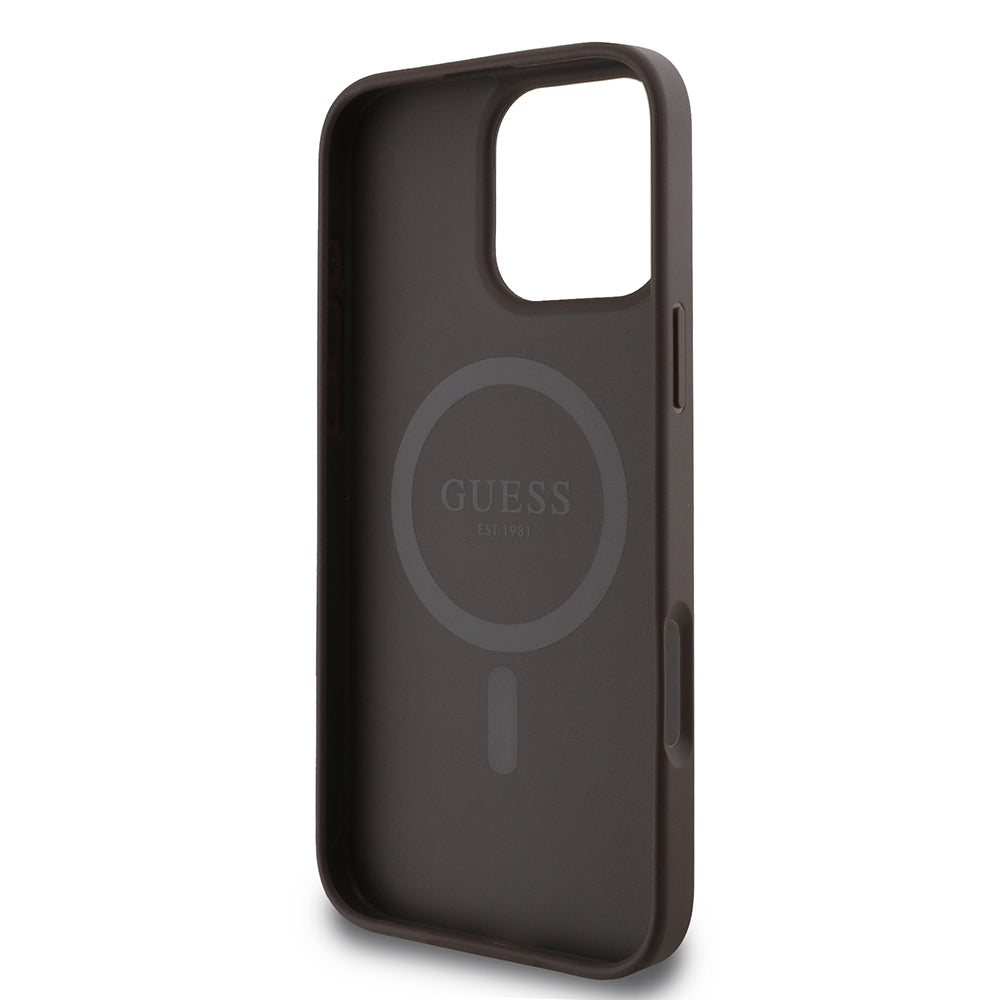 Apple iPhone 16 Pro Max Kılıf Guess Orjinal Lisanslı Magsafe Şarj Özellikli PU Halkalı 4G Desenli Yazı Logolu Kapak Kahverengi
