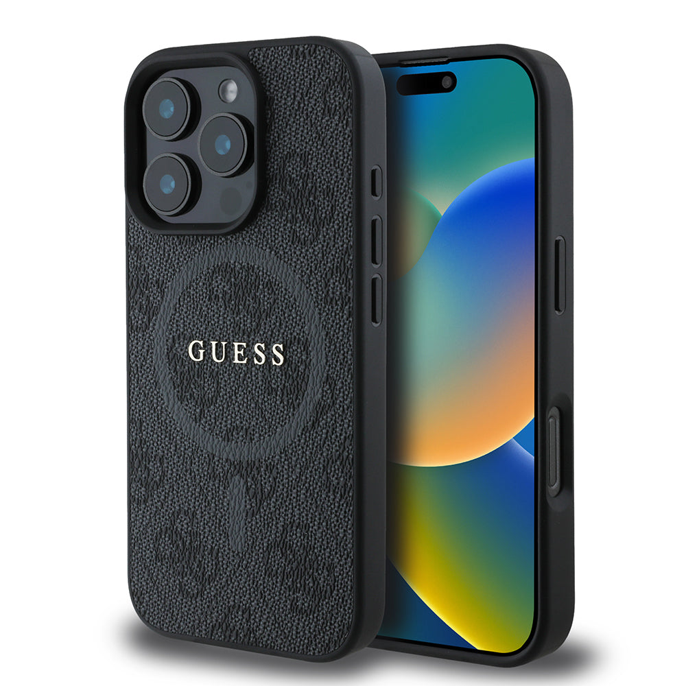 Apple iPhone 16 Pro Max Kılıf Guess Orjinal Lisanslı Magsafe Şarj Özellikli PU Halkalı 4G Desenli Yazı Logolu Kapak Pembe