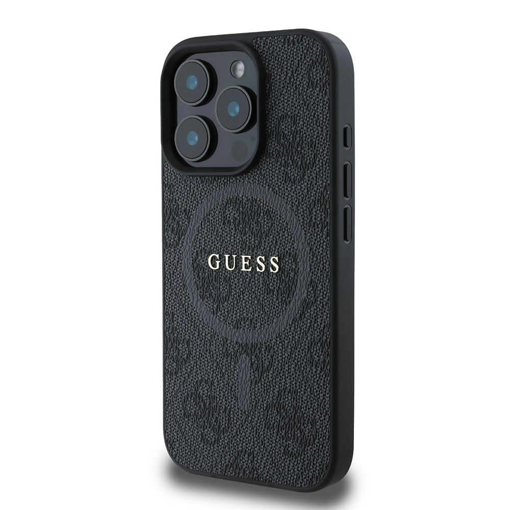 Apple iPhone 16 Pro Max Kılıf Guess Orjinal Lisanslı Magsafe Şarj Özellikli PU Halkalı 4G Desenli Yazı Logolu Kapak Kahverengi