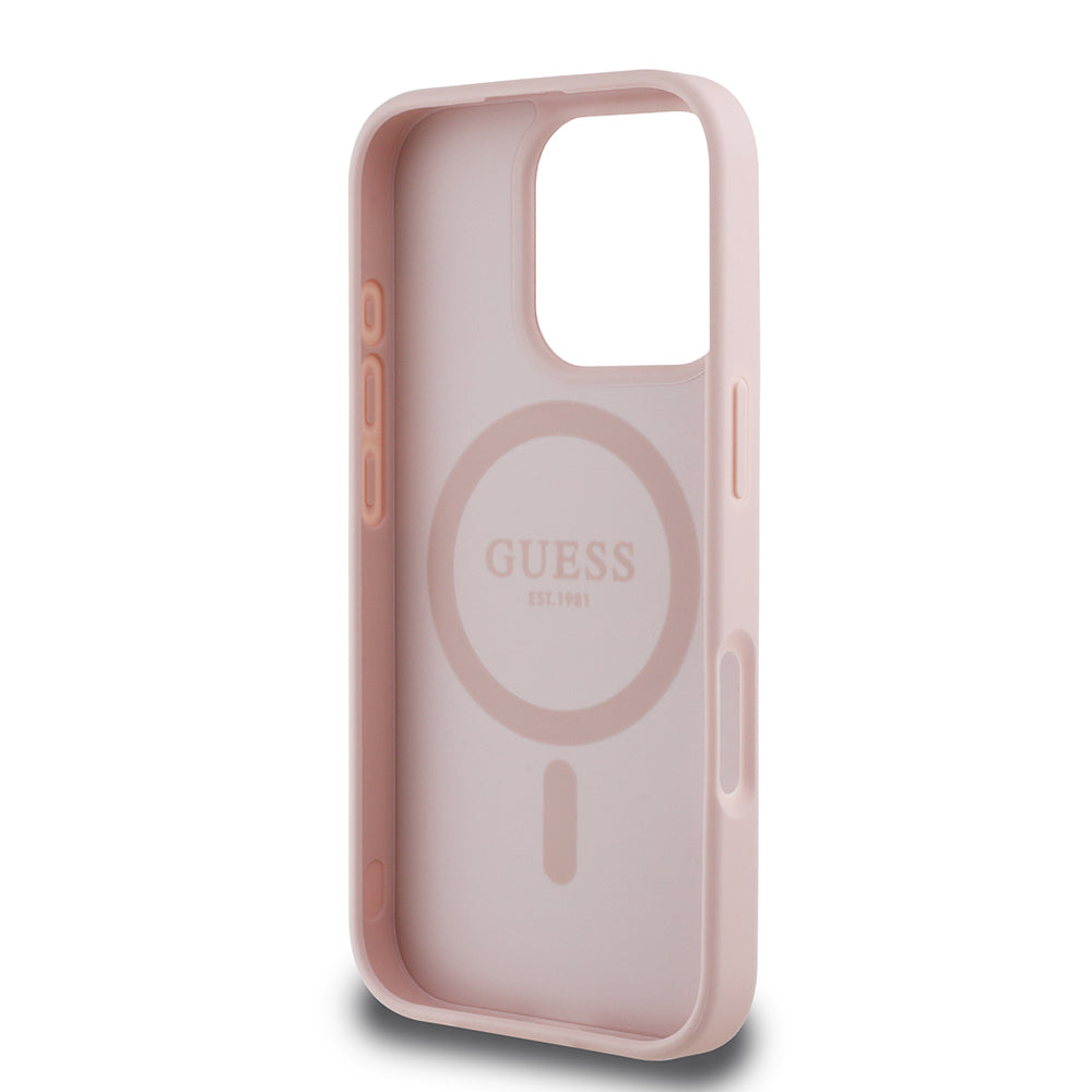 Apple iPhone 16 Pro Max Kılıf Guess Orjinal Lisanslı Magsafe Şarj Özellikli Taneli Çiçek Tasarımlı Metal Yazı Logolu Kapak Siyah