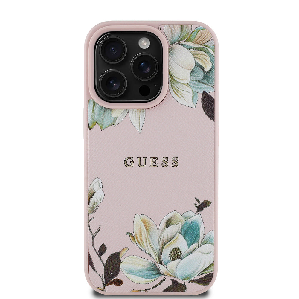 Apple iPhone 16 Pro Max Kılıf Guess Orjinal Lisanslı Magsafe Şarj Özellikli Taneli Çiçek Tasarımlı Metal Yazı Logolu Kapak Pembe