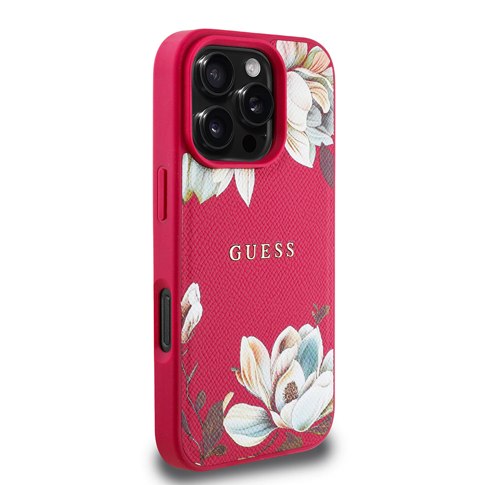 Apple iPhone 16 Pro Max Kılıf Guess Orjinal Lisanslı Magsafe Şarj Özellikli Taneli Çiçek Tasarımlı Metal Yazı Logolu Kapak Pembe