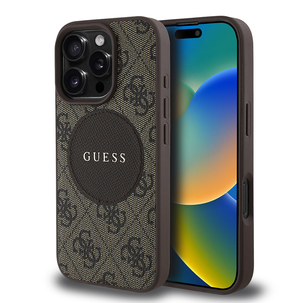 Apple iPhone 16 Pro Max Kılıf Guess Orjinal Lisanslı Magsafe Şarj Özellikli Yazı Logolu Circle Classic Kapak Kahverengi