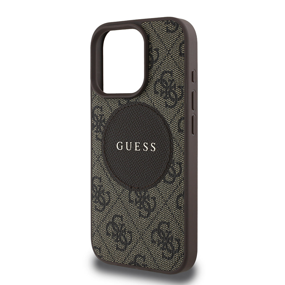 Apple iPhone 16 Pro Max Kılıf Guess Orjinal Lisanslı Magsafe Şarj Özellikli Yazı Logolu Circle Classic Kapak Kahverengi