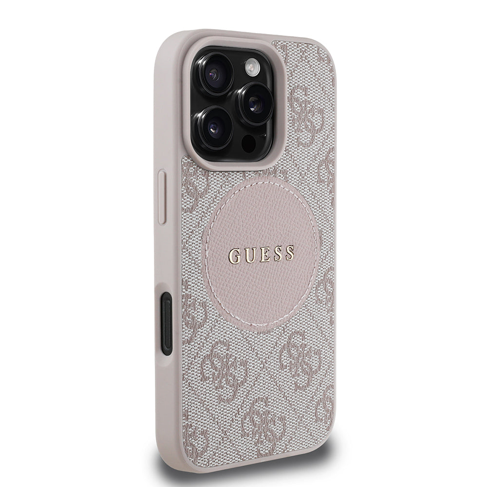 Apple iPhone 16 Pro Max Kılıf Guess Orjinal Lisanslı Magsafe Şarj Özellikli Yazı Logolu Circle Classic Kapak Pembe
