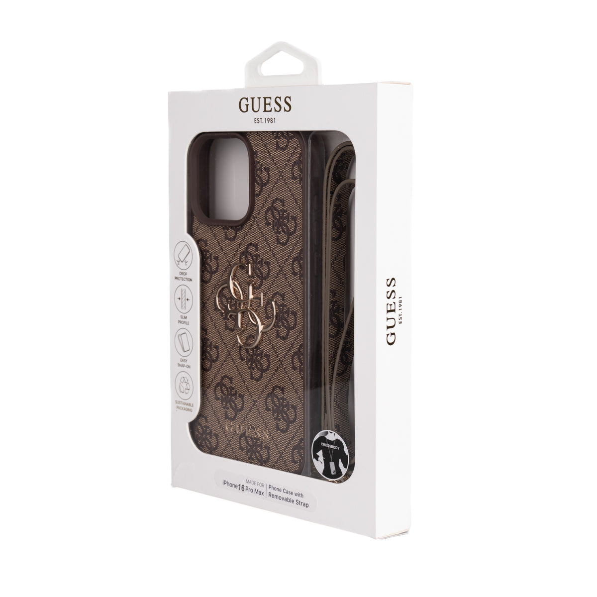 Apple iPhone 16 Pro Max Kılıf Guess Orjinal Lisanslı PU Deri 4G Büyük Metal Logolu Çapraz Vücut Askılı Kapak Kahverengi