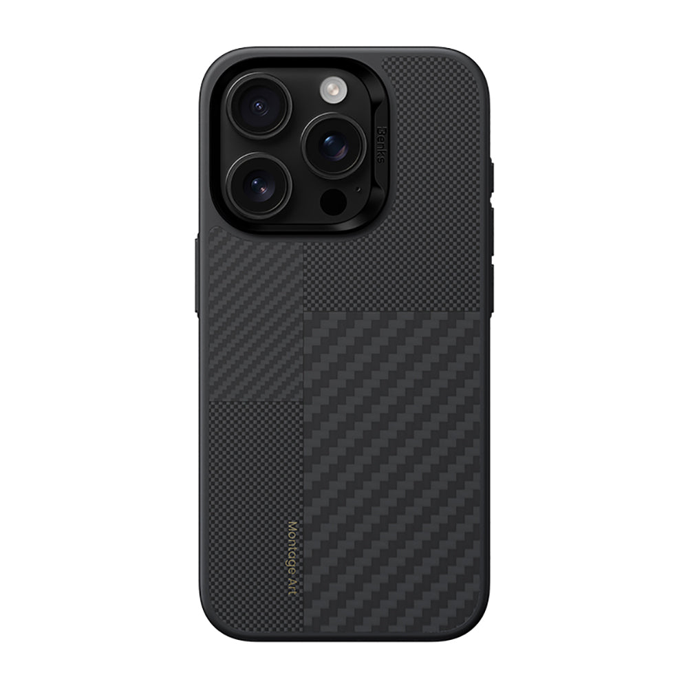 Apple iPhone 16 Pro Max Kılıf Karbon Fiber M-safe Şarj Özellikli Kamera Kontrol Butonlu Benks Hybrid ArmorPro Montage Kevlar Kapak Siyah