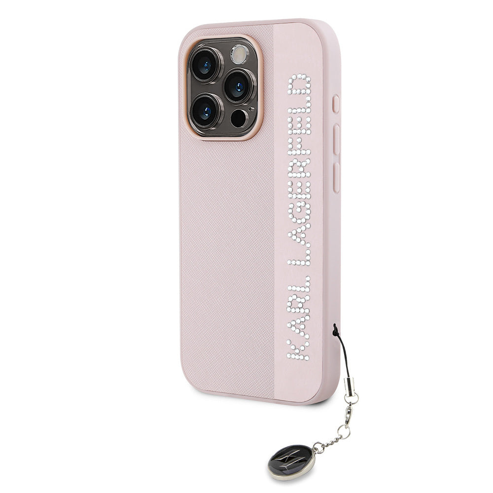 iPhone 16 Pro Max Kılıf Karl Lagerfeld Orjinal Lisanslı Anahtarlıklı Taşlı KL Yazılı Saffiano Rhinestones Kılıf Pembe