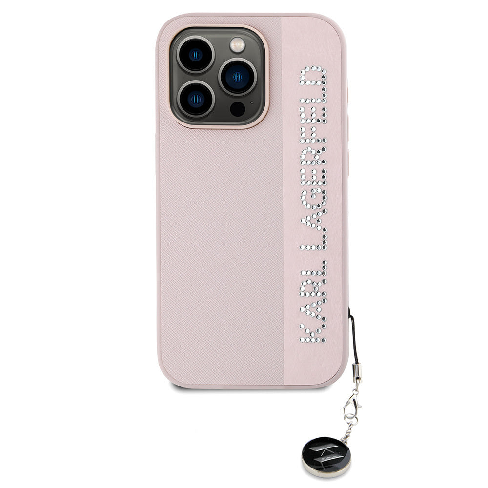 iPhone 16 Pro Max Kılıf Karl Lagerfeld Orjinal Lisanslı Anahtarlıklı Taşlı KL Yazılı Saffiano Rhinestones Kılıf Pembe