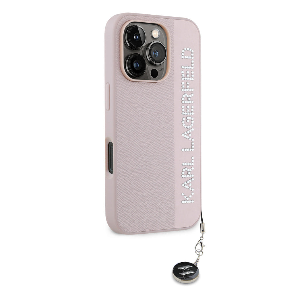 iPhone 16 Pro Max Kılıf Karl Lagerfeld Orjinal Lisanslı Anahtarlıklı Taşlı KL Yazılı Saffiano Rhinestones Kılıf Pembe