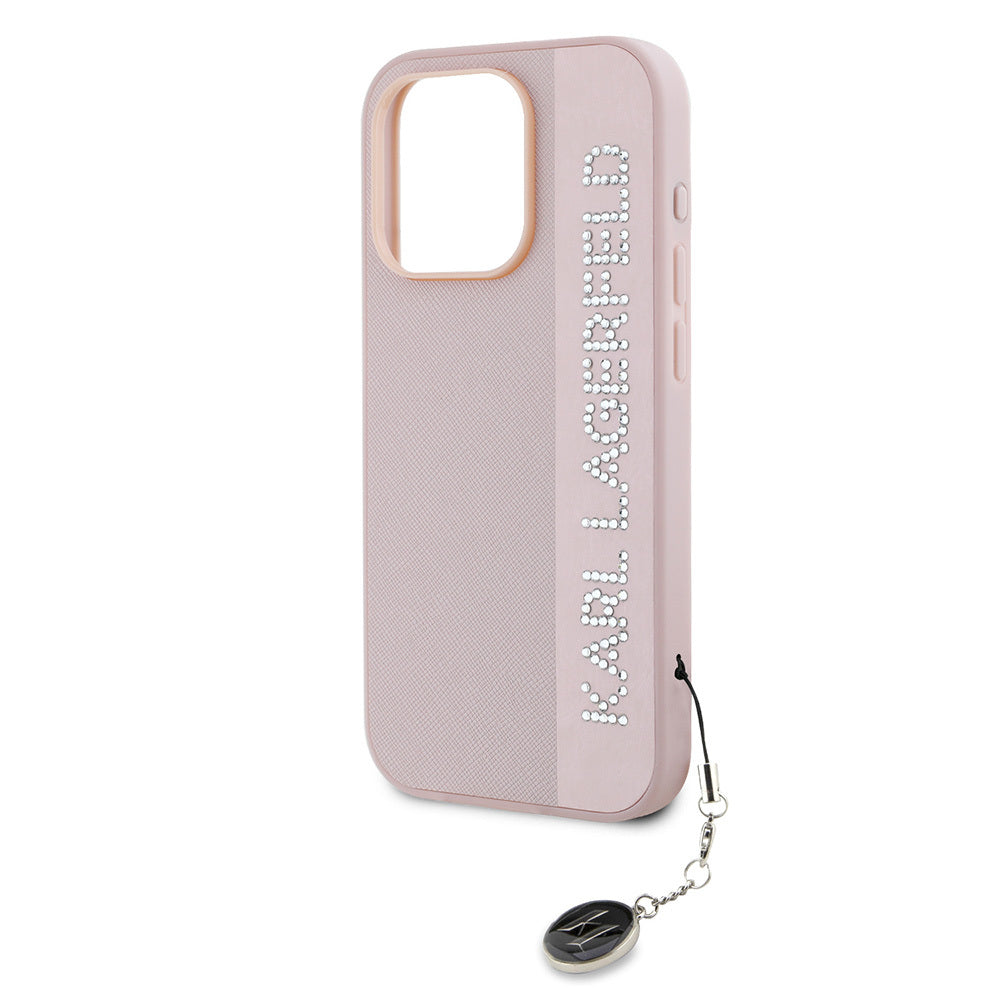 iPhone 16 Pro Max Kılıf Karl Lagerfeld Orjinal Lisanslı Anahtarlıklı Taşlı KL Yazılı Saffiano Rhinestones Kılıf Pembe