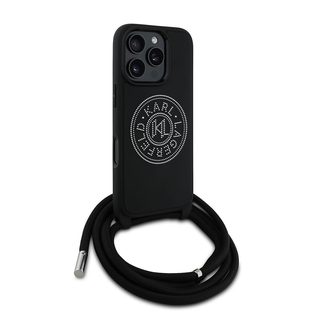 iPhone 16 Pro Max Kılıf Karl Lagerfeld Orjinal Lisanslı Askı İpli Taşlı KL Yazılı Crossbody Cord Kılıf Siyah