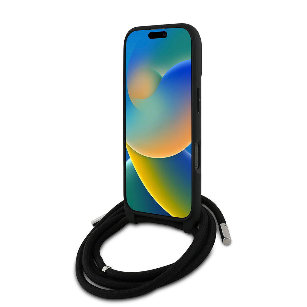iPhone 16 Pro Max Kılıf Karl Lagerfeld Orjinal Lisanslı Askı İpli Taşlı KL Yazılı Crossbody Cord Kılıf Siyah