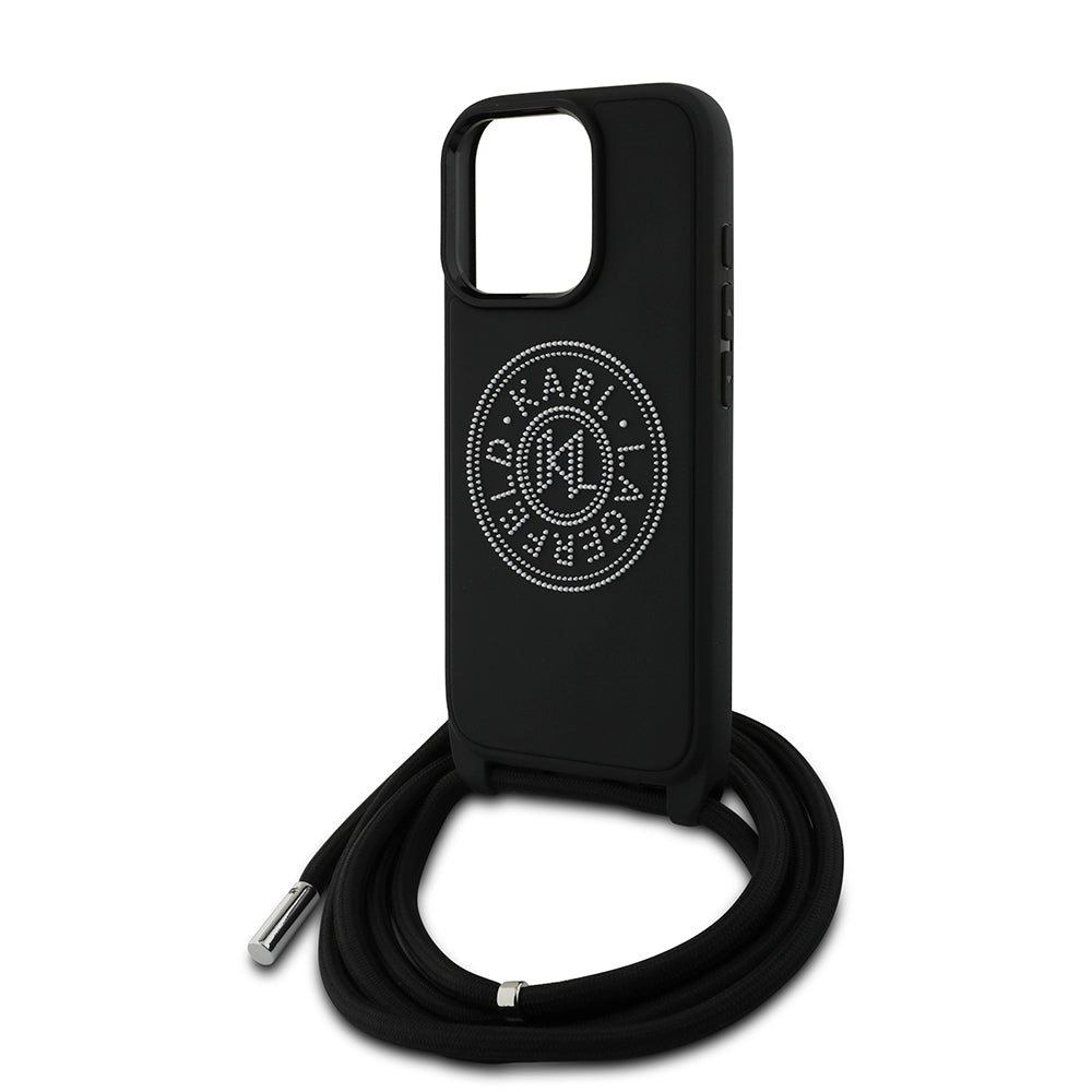 iPhone 16 Pro Max Kılıf Karl Lagerfeld Orjinal Lisanslı Askı İpli Taşlı KL Yazılı Crossbody Cord Kılıf Siyah