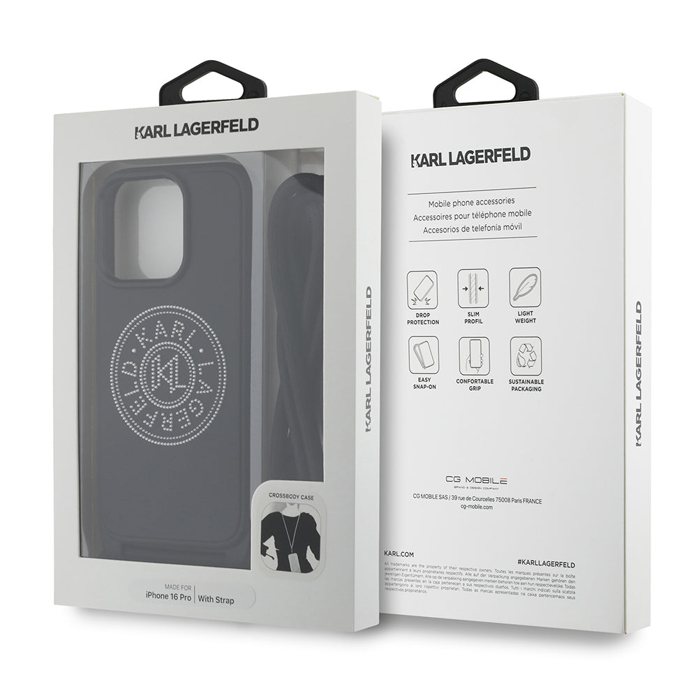 iPhone 16 Pro Max Kılıf Karl Lagerfeld Orjinal Lisanslı Askı İpli Taşlı KL Yazılı Crossbody Cord Kılıf Siyah