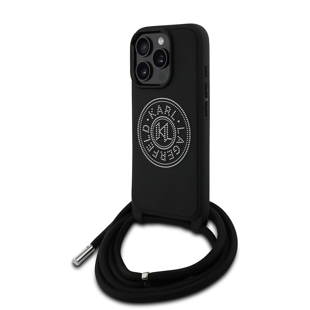 iPhone 16 Pro Max Kılıf Karl Lagerfeld Orjinal Lisanslı Askı İpli Taşlı KL Yazılı Crossbody Cord Kılıf Siyah