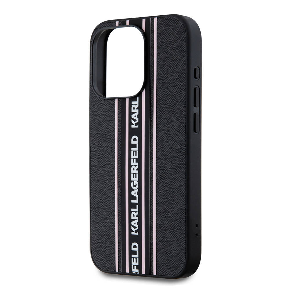 iPhone 16 Pro Max Kılıf Karl Lagerfeld Orjinal Lisanslı Askılı Saffiano Athleisure Şerit Çizgili Kılıf Pembe