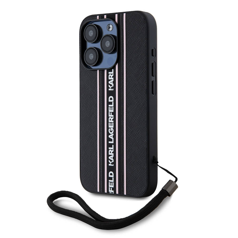 iPhone 16 Pro Max Kılıf Karl Lagerfeld Orjinal Lisanslı Askılı Saffiano Athleisure Şerit Çizgili Kılıf Pembe