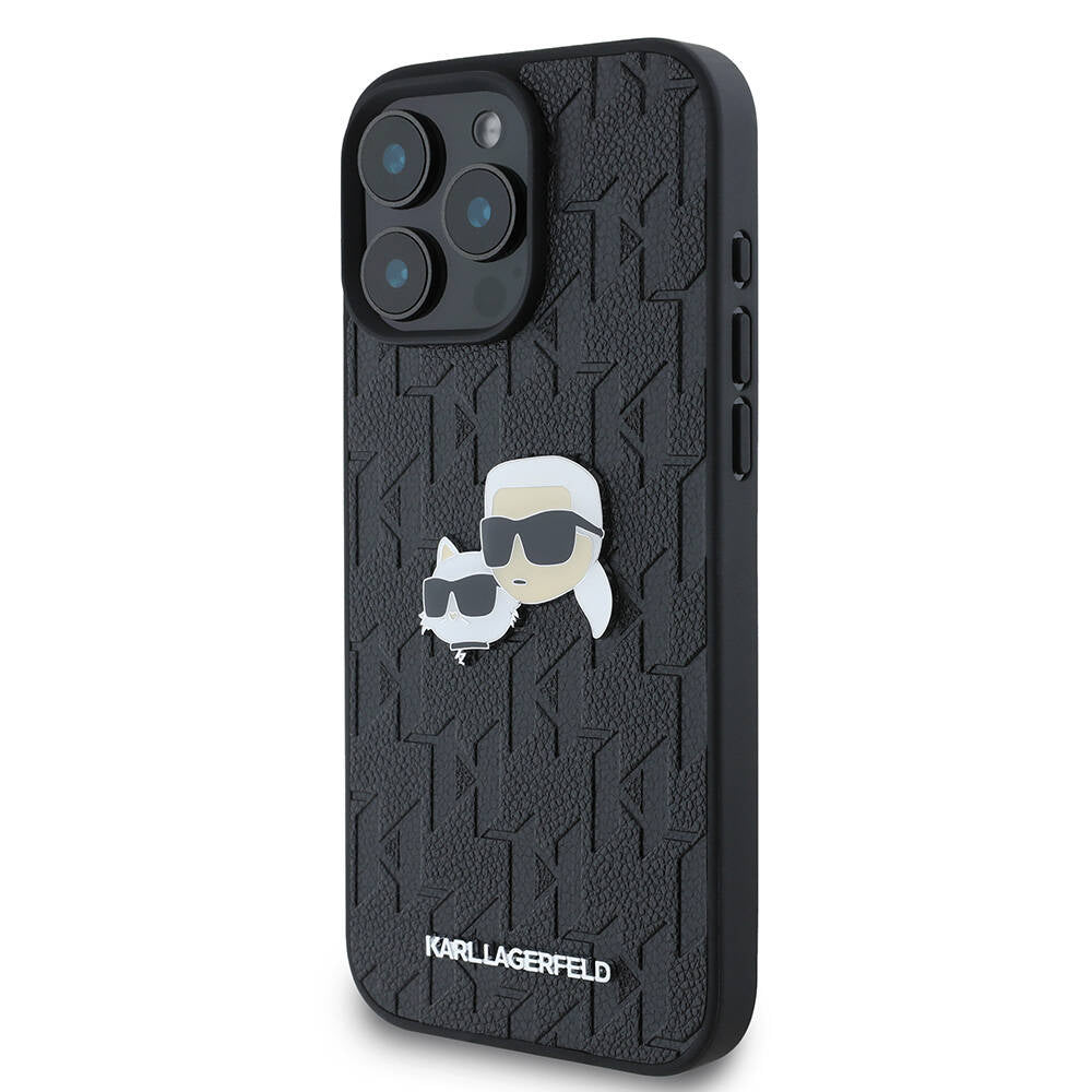 iPhone 16 Pro Max Kılıf Karl Lagerfeld Orjinal Lisanslı K&C Heads Monogram Pin Kılıf Siyah