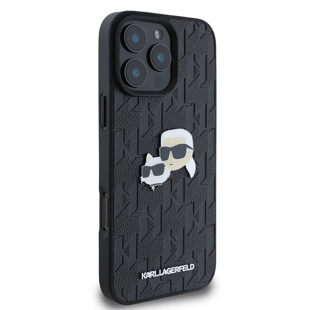 iPhone 16 Pro Max Kılıf Karl Lagerfeld Orjinal Lisanslı K&C Heads Monogram Pin Kılıf Siyah