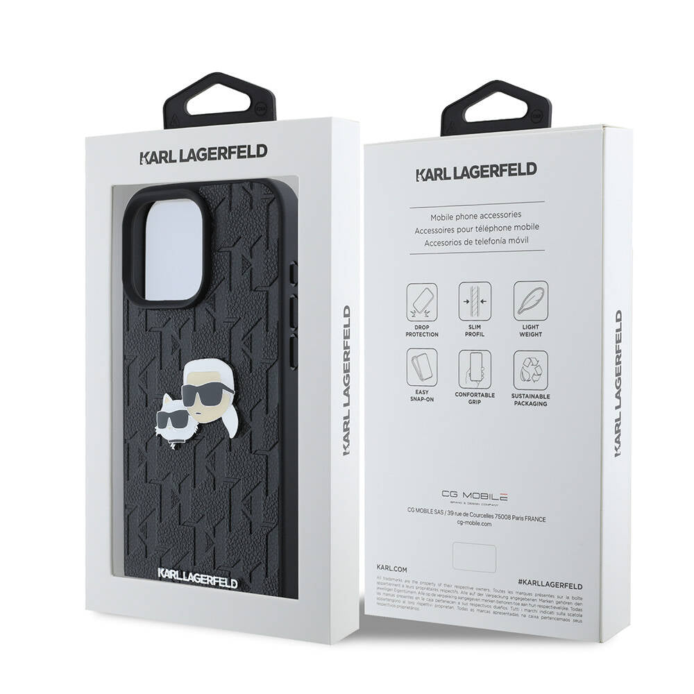 iPhone 16 Pro Max Kılıf Karl Lagerfeld Orjinal Lisanslı K&C Heads Monogram Pin Kılıf Siyah