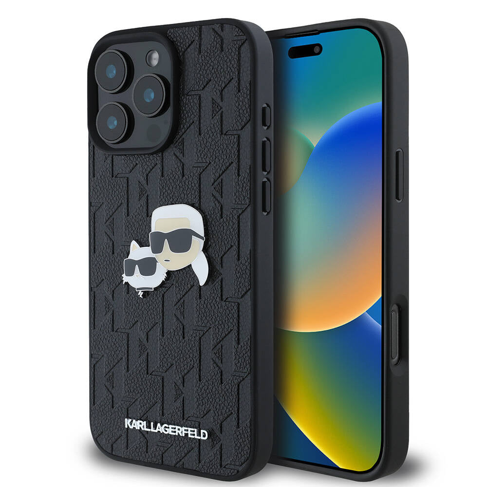 iPhone 16 Pro Max Kılıf Karl Lagerfeld Orjinal Lisanslı K&C Heads Monogram Pin Kılıf Siyah