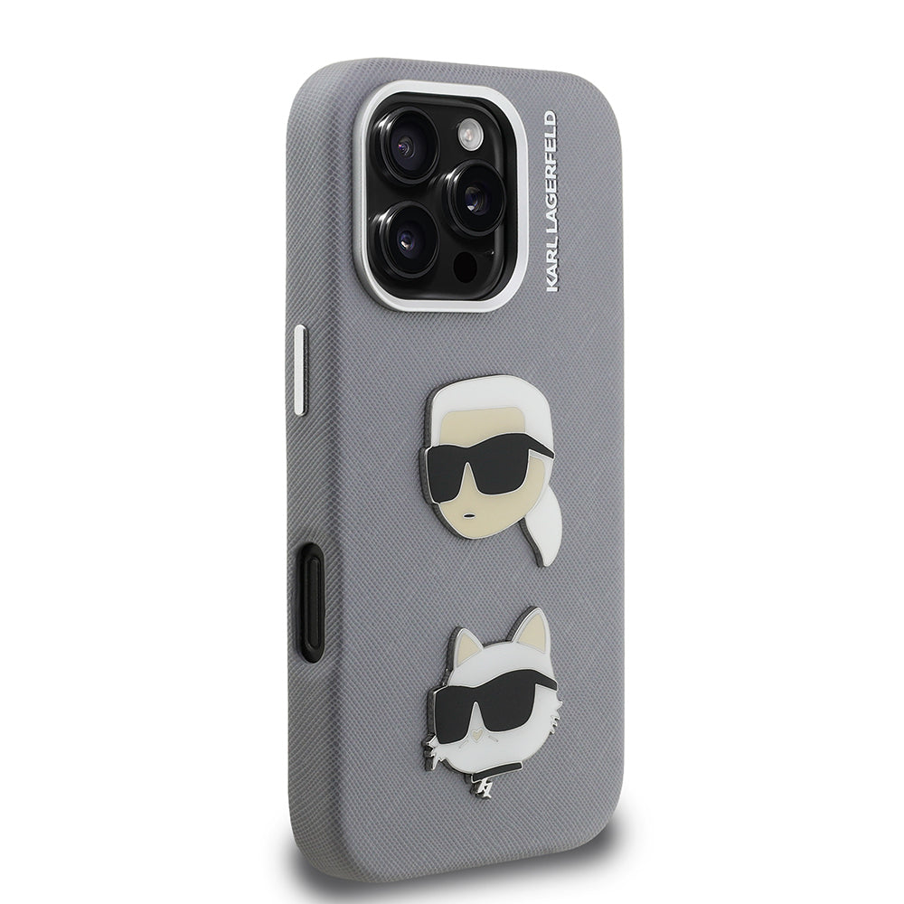 Apple iPhone 16 Pro Max Kılıf Karl Lagerfeld Orjinal Lisanslı K&C Heads Pin Kapak Gri