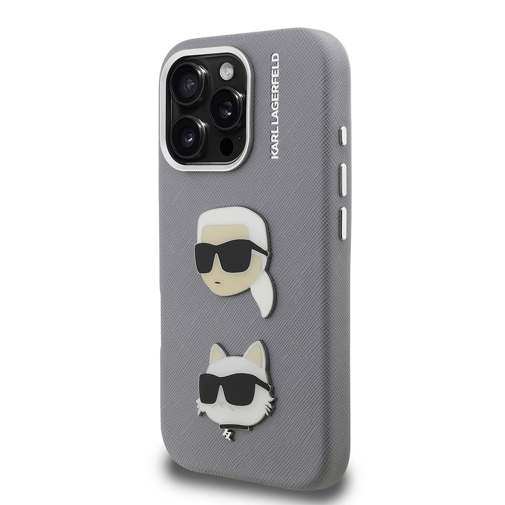 Apple iPhone 16 Pro Max Kılıf Karl Lagerfeld Orjinal Lisanslı K&C Heads Pin Kapak Gri