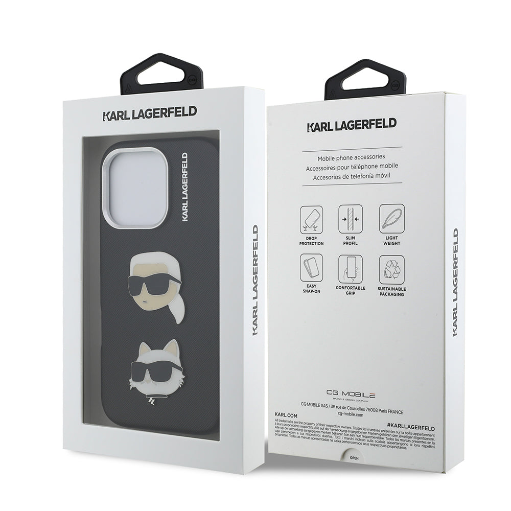 Apple iPhone 16 Pro Max Kılıf Karl Lagerfeld Orjinal Lisanslı K&C Heads Pin Kapak Siyah
