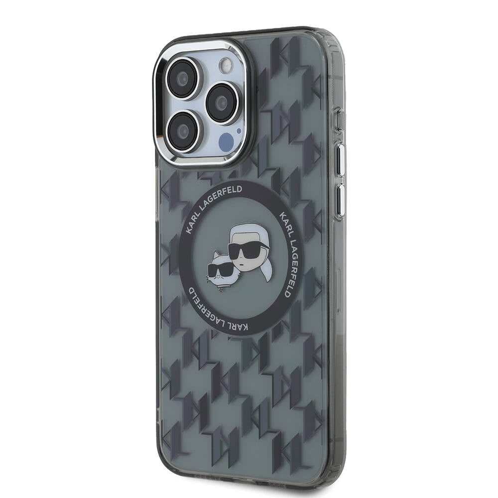 iPhone 16 Pro Max Kılıf Karl Lagerfeld Orjinal Lisanslı Magsafe Şarj Özellikli IML Baskılı Metal Monogram KC Heads Kılıf Siyah