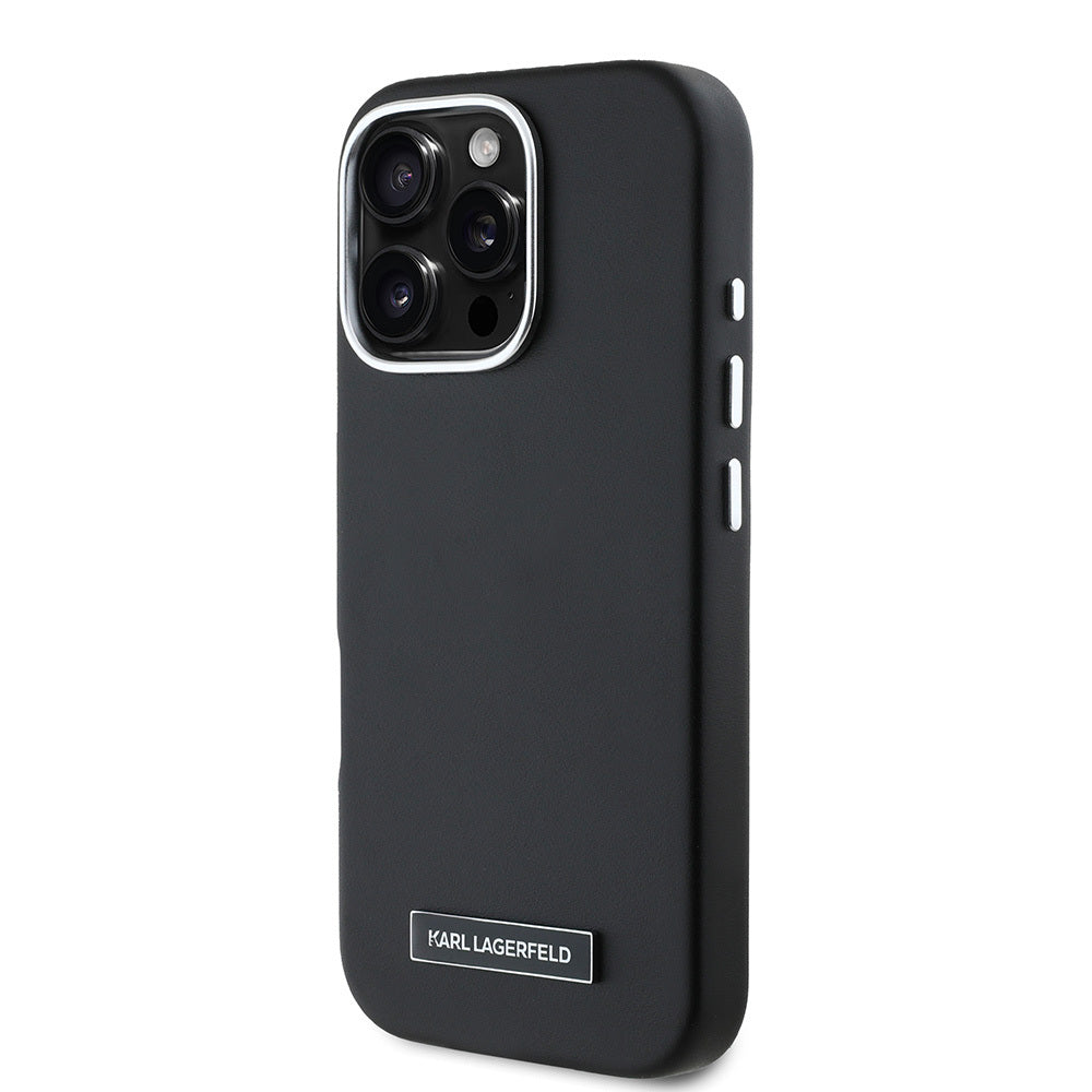 iPhone 16 Pro Max Kılıf Karl Lagerfeld Orjinal Lisanslı Magsafe Şarj Özellikli Metal Kamera ve Buton Tasarımlı Plaka Logolu PU Deri Kılıf Siyah