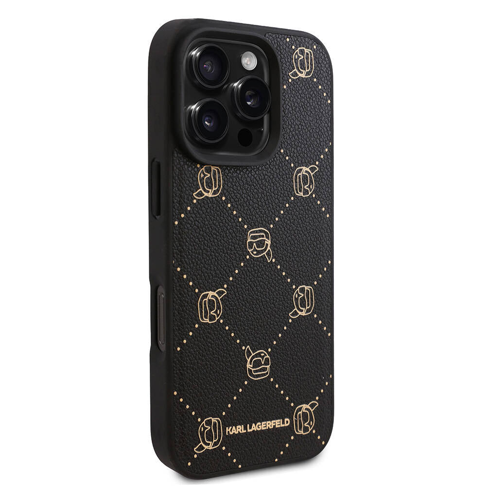 iPhone 16 Pro Max Kılıf Karl Lagerfeld Orjinal Lisanslı Magsafe Şarj Özellikli PU Deri Karl Heads Desenli Klasik Logolu Kılıf Siyah