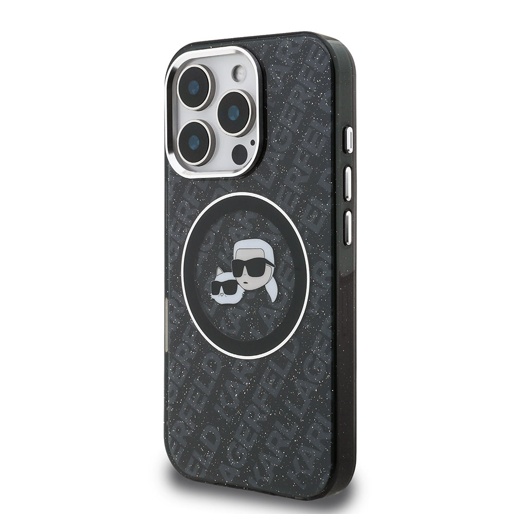 Apple iPhone 16 Pro Max Kılıf Karl Lagerfeld Orjinal Lisanslı Parlayan Simli Karl & Choupette Heads Kapak Siyah