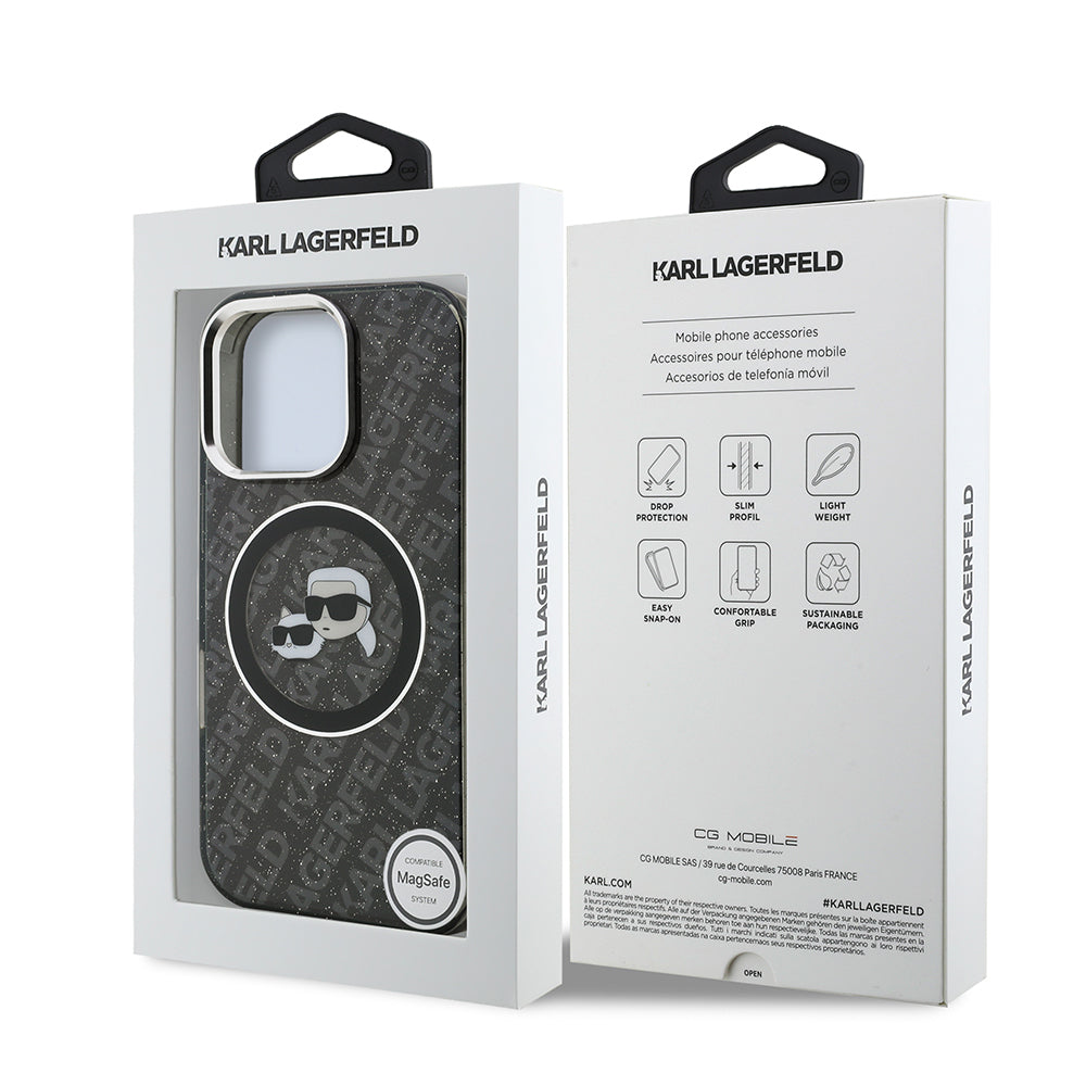 Apple iPhone 16 Pro Max Kılıf Karl Lagerfeld Orjinal Lisanslı Parlayan Simli Karl & Choupette Heads Kapak Siyah
