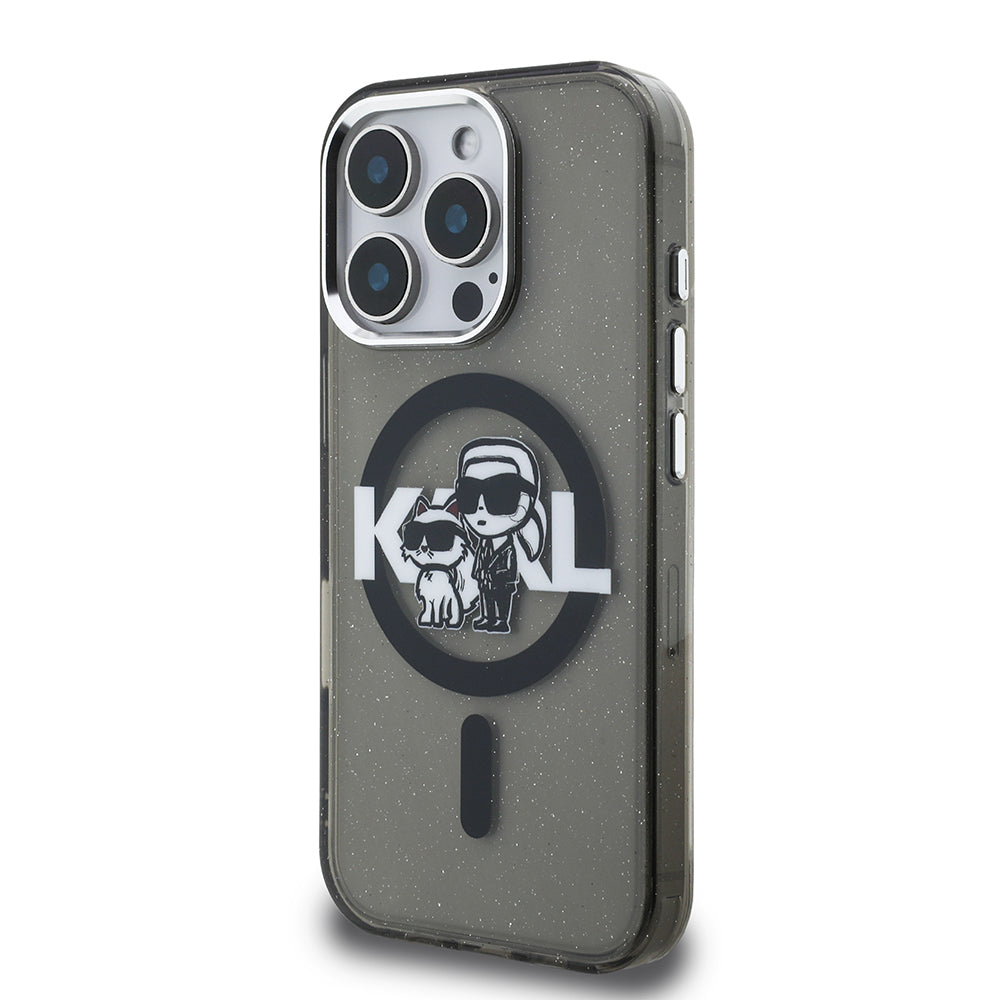 Apple iPhone 16 Pro Max Kılıf Karl Lagerfeld Orjinal Lisanslı Parlayan Simli Karl & Choupette Sketch Logo Kapak Siyah