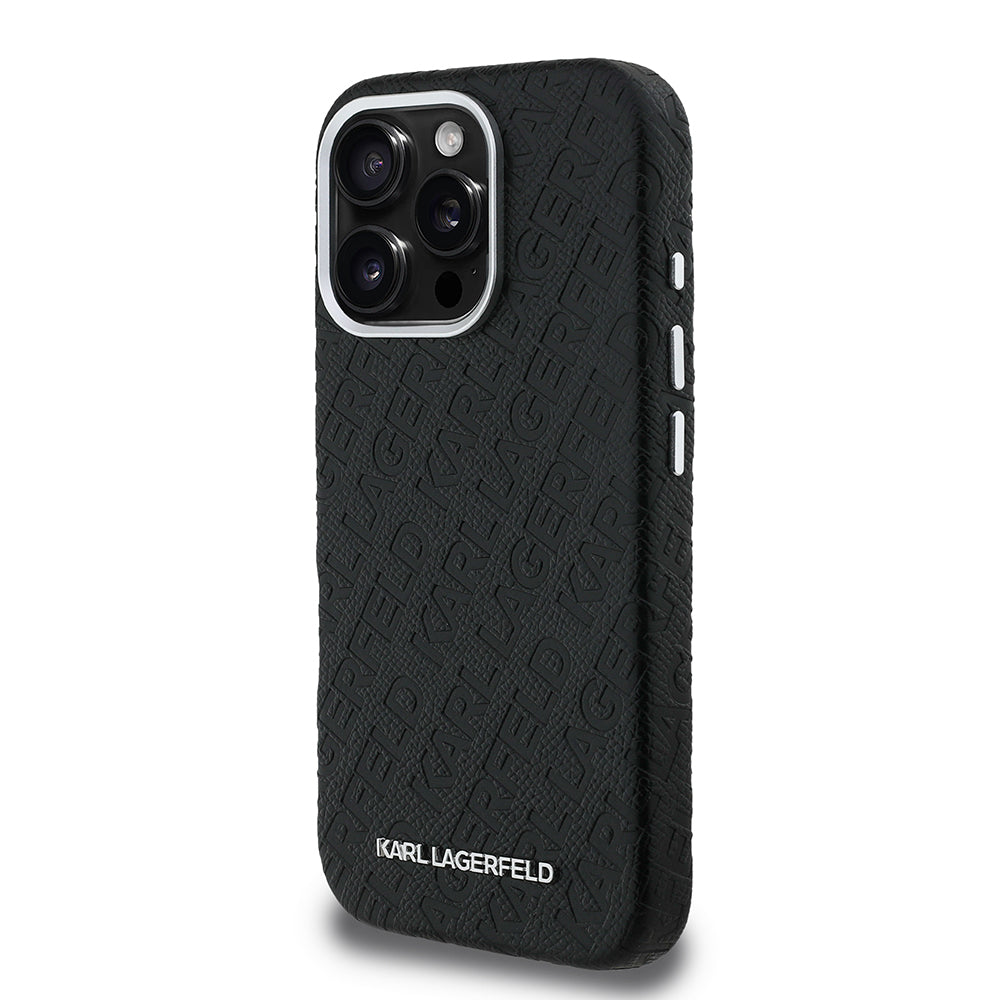 Apple iPhone 16 Pro Max Kılıf Karl Lagerfeld Orjinal Lisanslı PU Deri Damgalı Metal Yazı Logolu Kapak Siyah