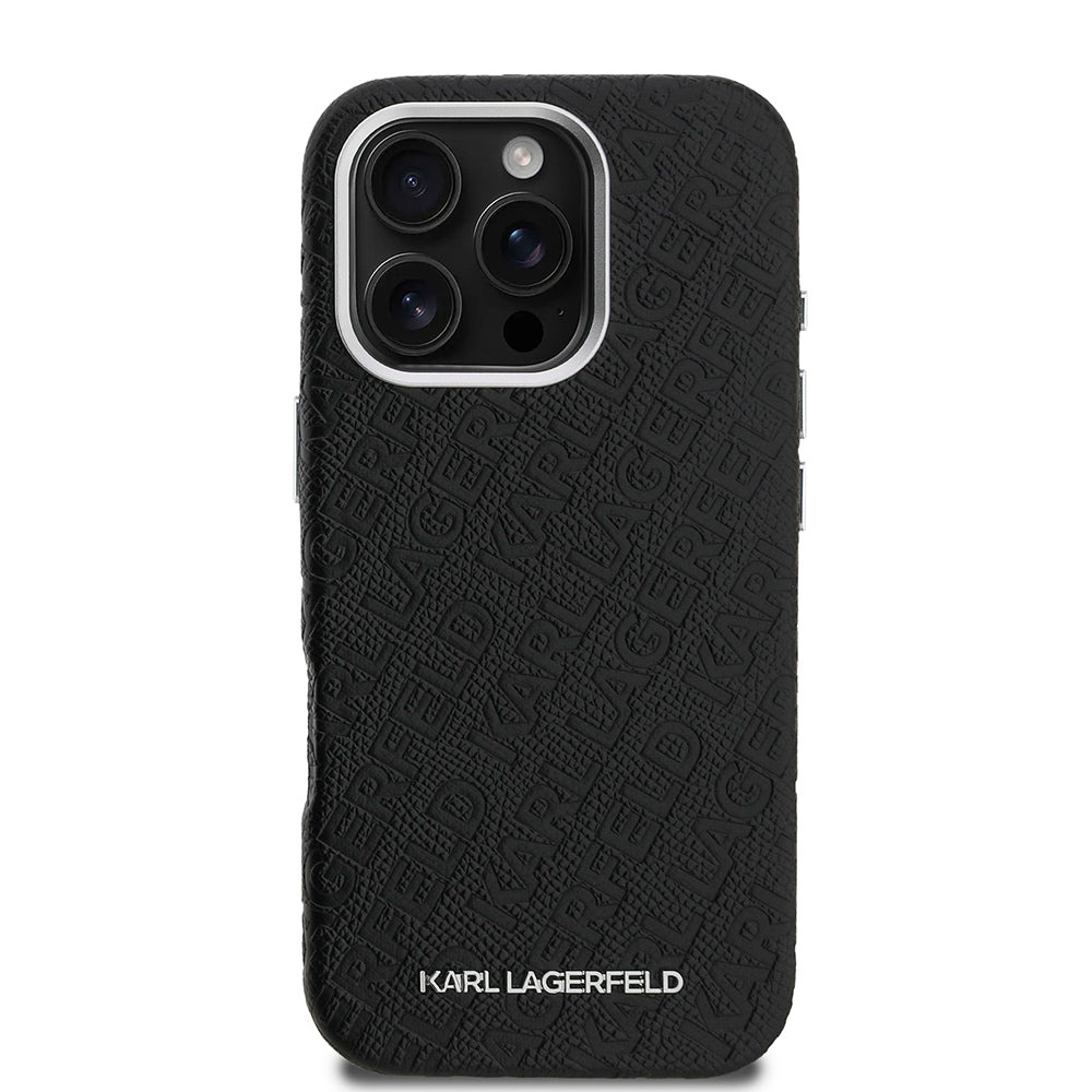 Apple iPhone 16 Pro Max Kılıf Karl Lagerfeld Orjinal Lisanslı PU Deri Damgalı Metal Yazı Logolu Kapak Siyah
